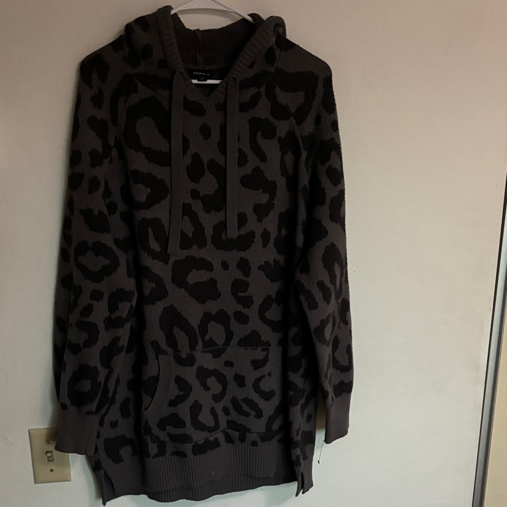 Torrid Gray and Black Leopard Print Cowl Neck Sweater